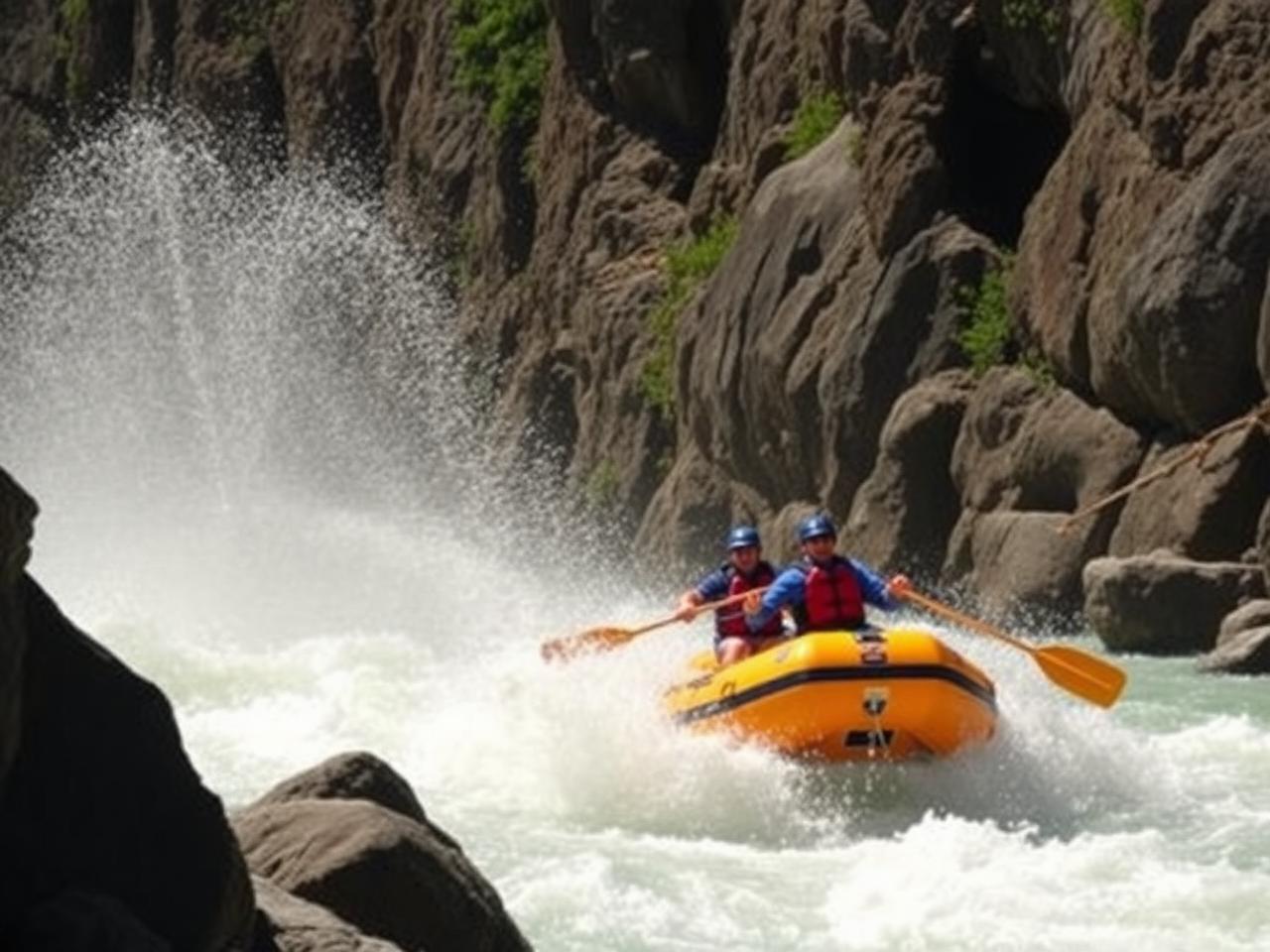 Raft crashing through rapids in the Shotover canyon