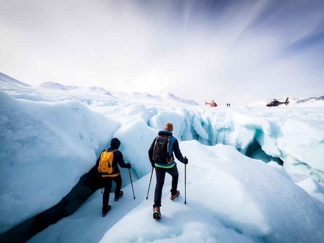 Hikers in crampons on the blue ice of Tasman Glacier