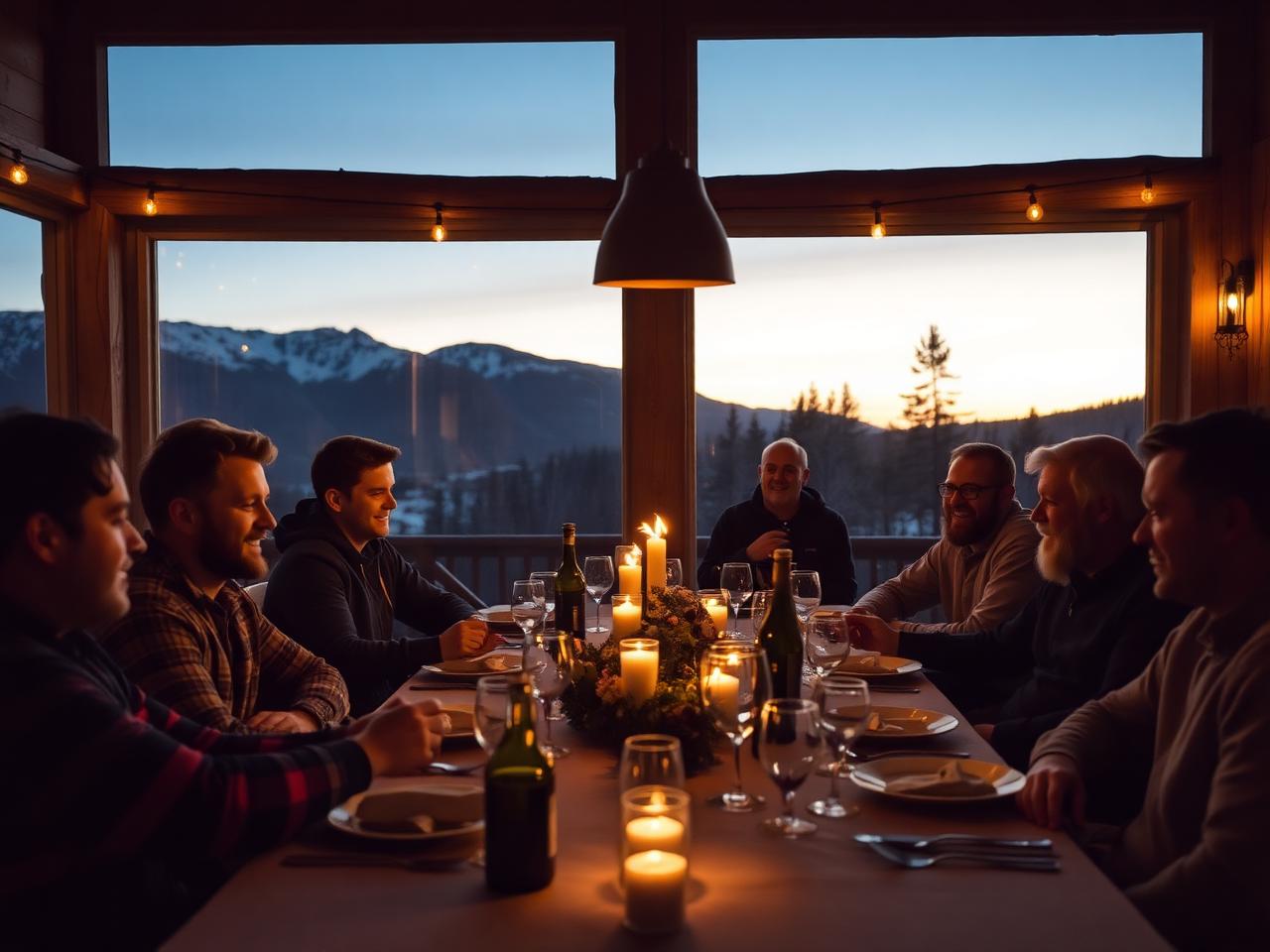 Group of men in conversation around a lodge dinner table