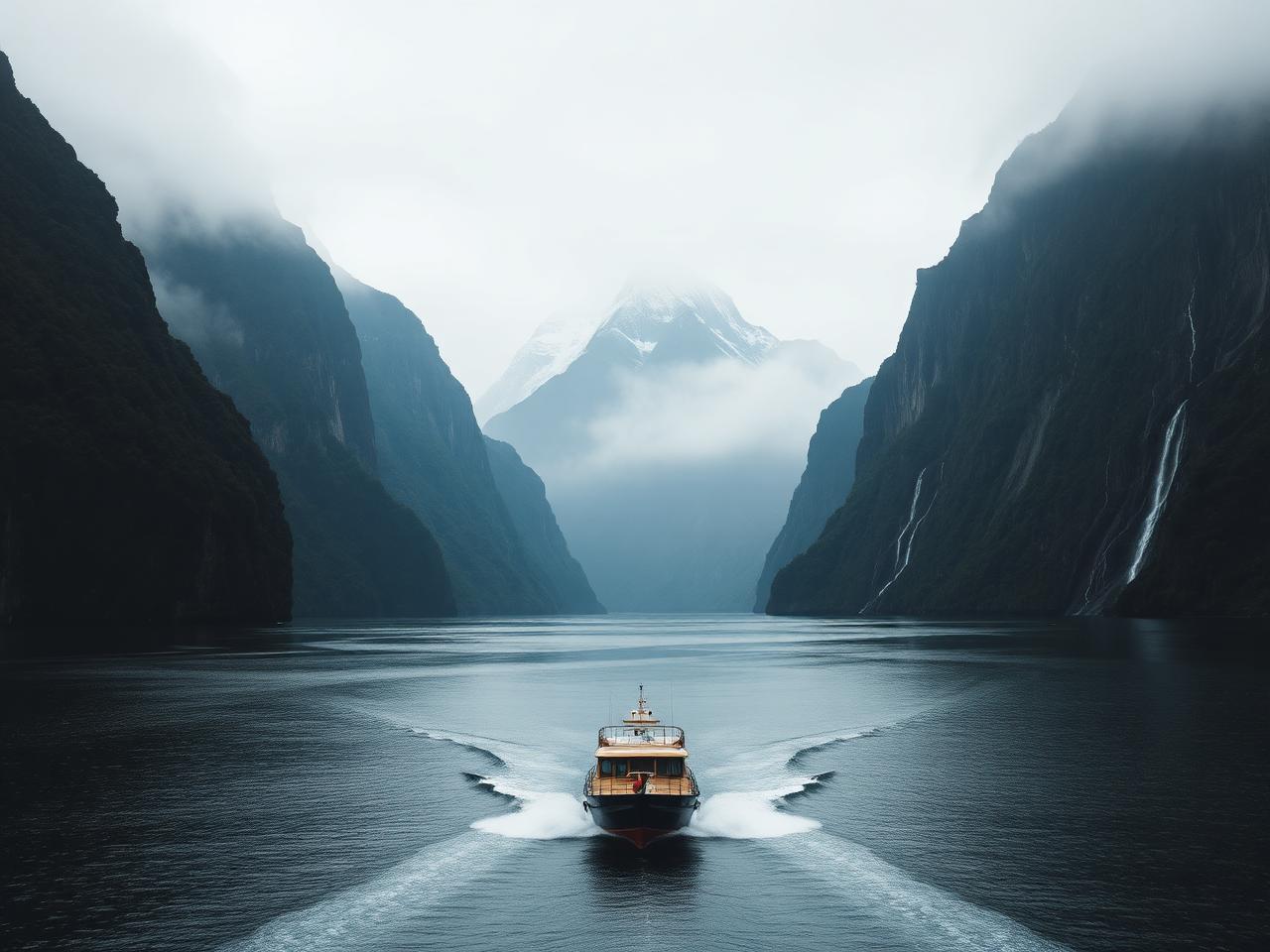 Boat cruising Milford Sound beneath Mitre Peak