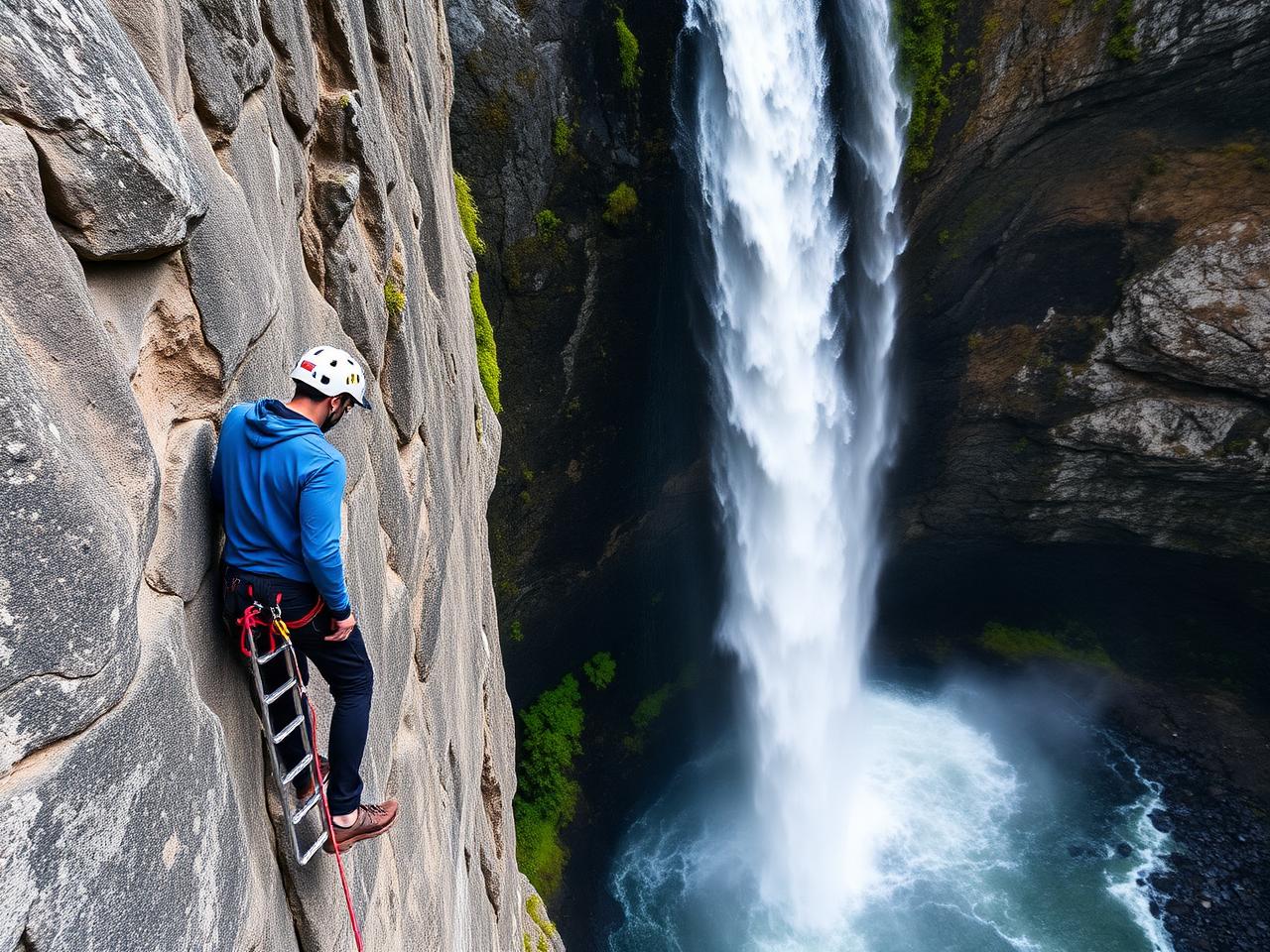 Climber on a via ferrata beside a tall waterfall near Wānaka