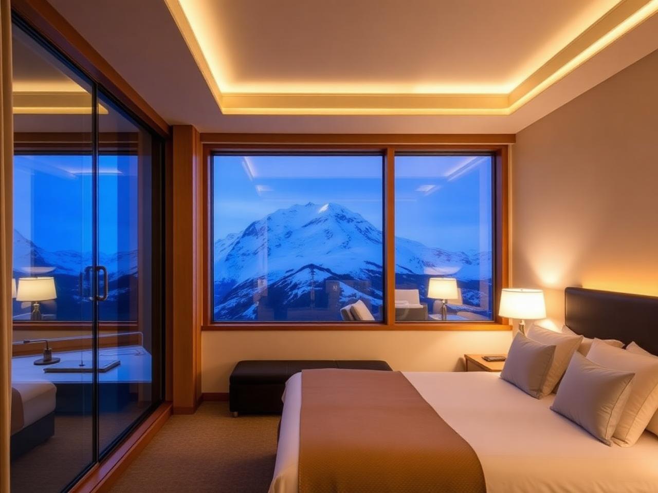 Alpine hotel room facing Mount Cook at dusk