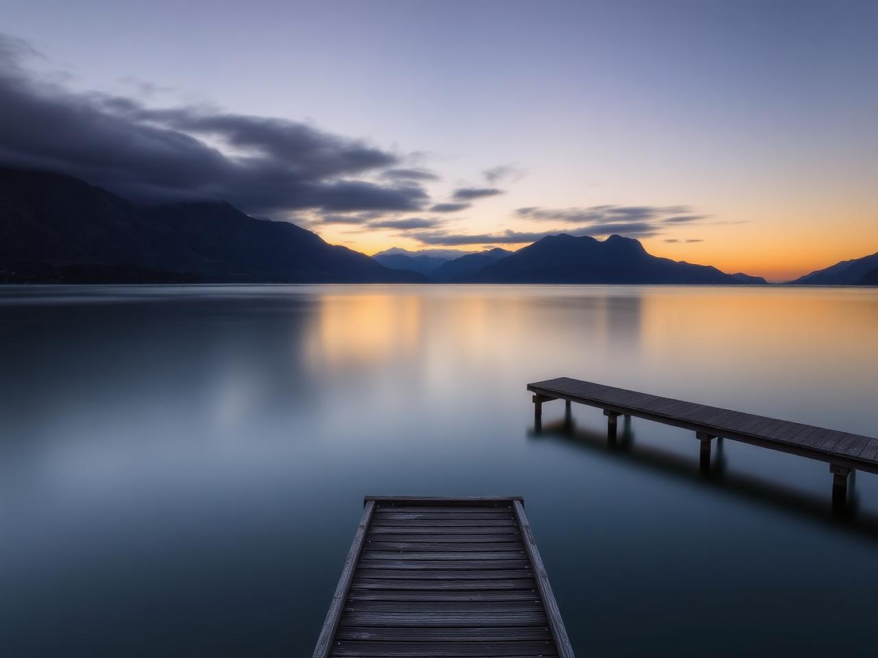 Lake Te Anau at dusk with Fiordland mountains